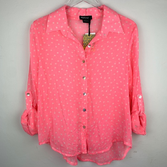 About A Girl Tops - ABOUT A GIRL — Sheer Pink Polka Dot Button Up XL